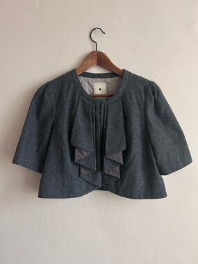 Anthropologie Elevenses Wool Blend Cropped Cape Jacket – Sculptural Ruffle Front